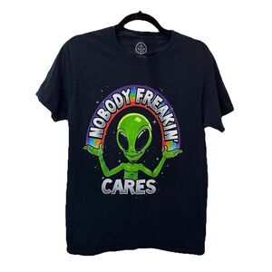 DOM Green Alien Nobody Freaking Cares Graphic Tee Shirt Black Womens Size S